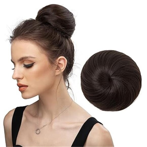 Dark Brown Hair Buns Extension Drawstring Updo Donut Chignon Straight Synthetic - Picture 7 of 7
